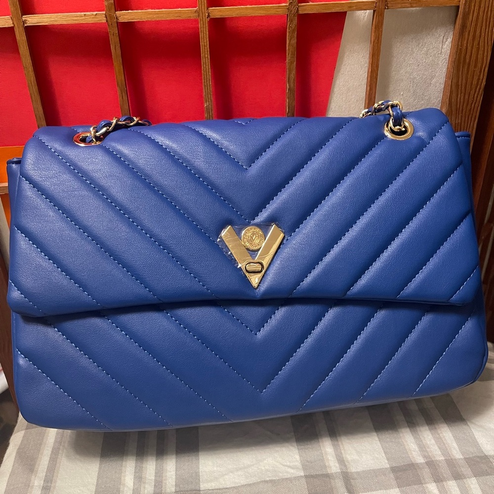 Valentino Orlandi Royal Blue Quilted Shoulder Bag with Gold Hardware